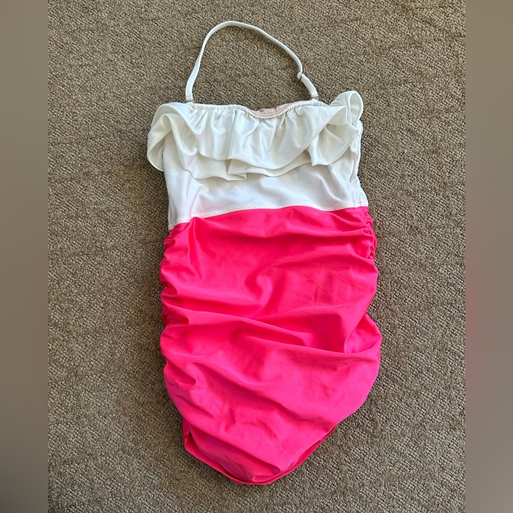 Albion Fit White and Pink Ruffled Swimsuit